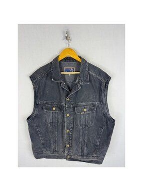 Vintage Mustang Roughrider Mens XL Black Denim Vest Biker Trucker Jacket